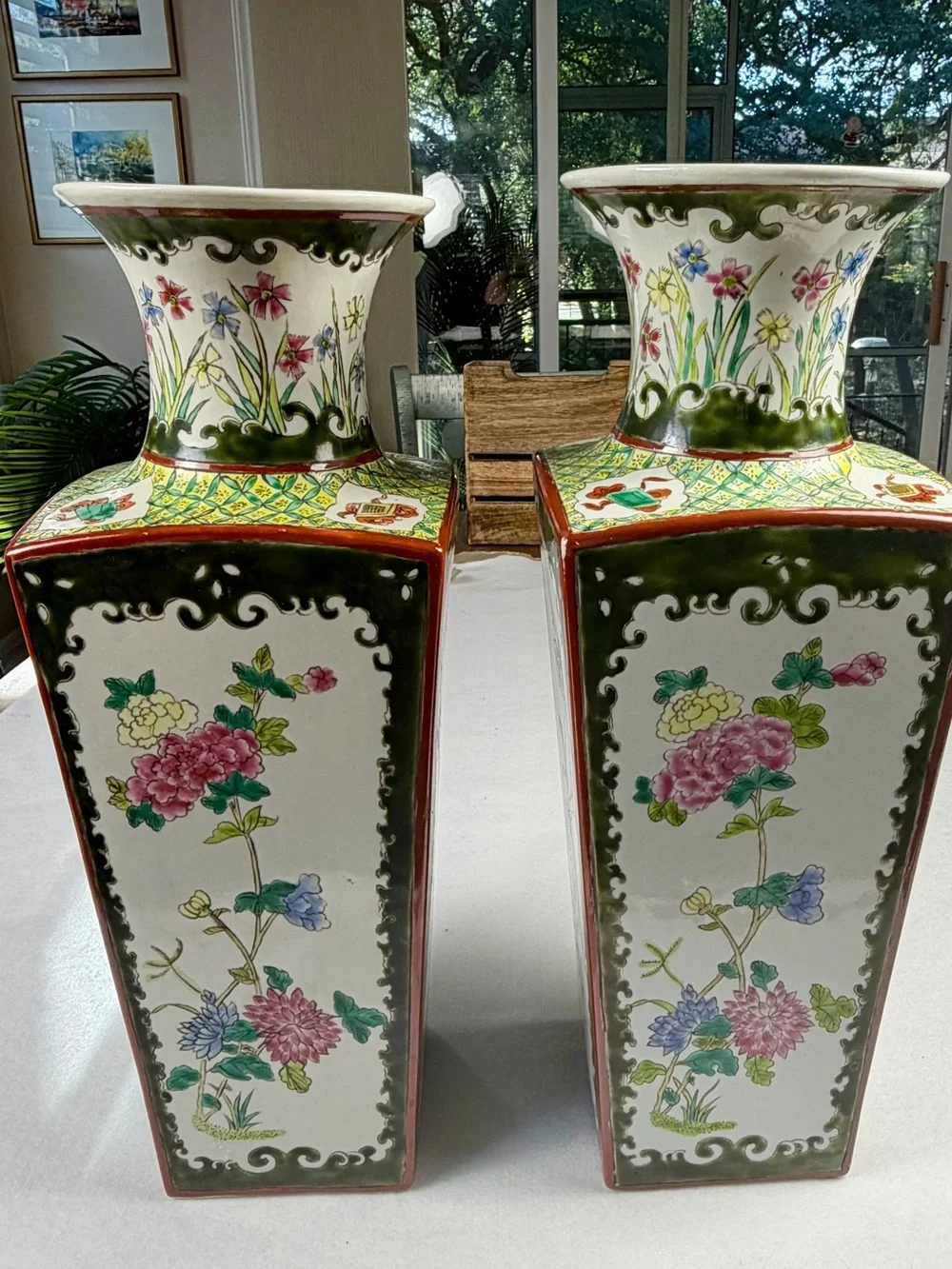 Hand-Painted Floral Porcelain Vase Pair - Green & Pink